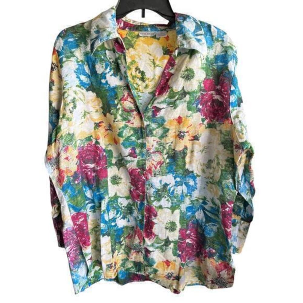 Harve Benard Vintage Mosaic Watercolor Floral Linen Button Up Blouse Plus sz 1X